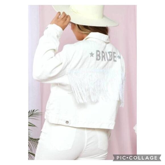 Buckle Peach Love White Sequins Fringe BRIDE Denim Jean Jacket Large Bridal - Picture 1 of 7